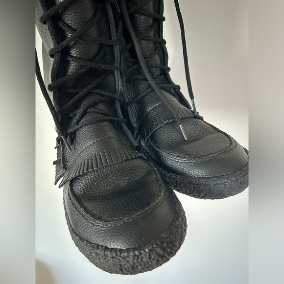 Made In Canada Black Leather Fringed Mukluks Fleece Lined Boots Lace-up 10 M - Picture 9 of 13